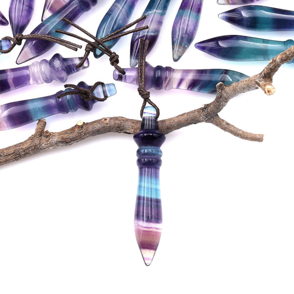 Natural Fluorite Carved Wand Ritual Dagger Pendant Drilled Crystal Gemstone Bead Pendulum A1