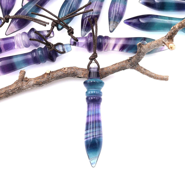 Natural Fluorite Carved Wand Ritual Dagger Pendant Drilled Crystal Gemstone Bead Pendulum A2