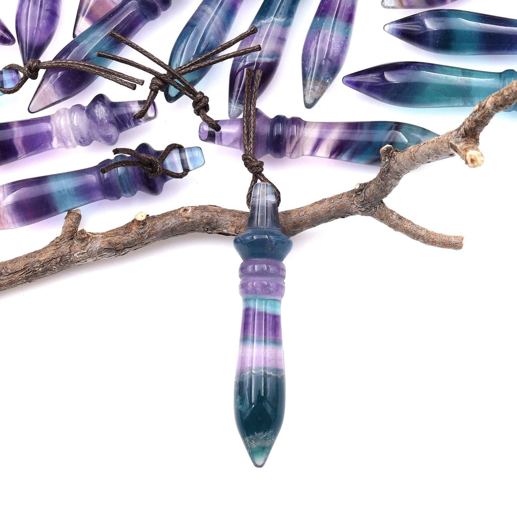 Natural Fluorite Carved Wand Ritual Dagger Pendant Drilled Crystal Gemstone Bead Pendulum A3