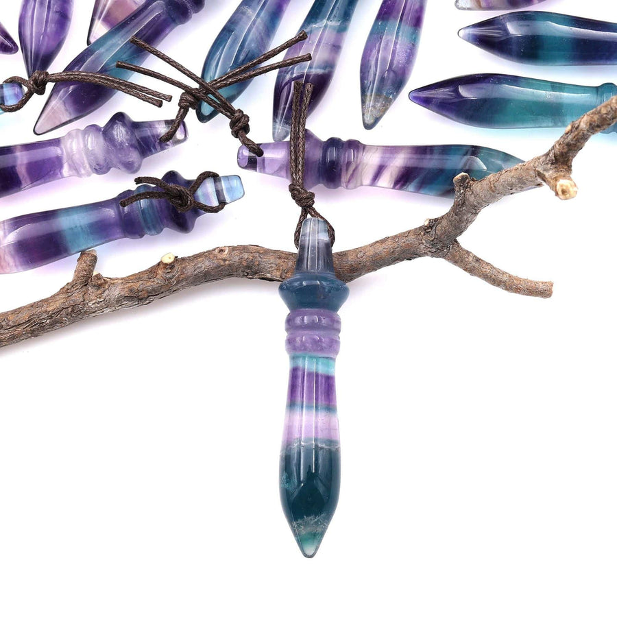 Natural Fluorite Carved Wand Ritual Dagger Pendant Drilled Crystal Gemstone Bead Pendulum A3