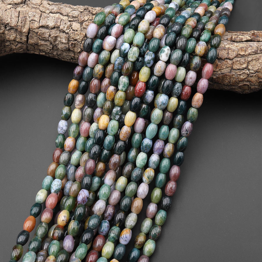 Natural Indian Agate Smooth Drum Barrel Beads 9x6mm Aka Green Red Bloodstone 15.5" Strand