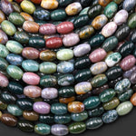 Natural Indian Agate Smooth Drum Barrel Beads 9x6mm Aka Green Red Bloodstone 15.5" Strand
