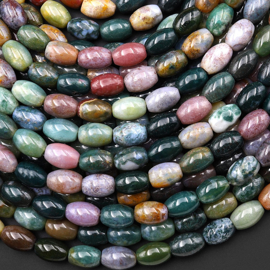 Natural Indian Agate Smooth Drum Barrel Beads 9x6mm Aka Green Red Bloodstone 15.5" Strand