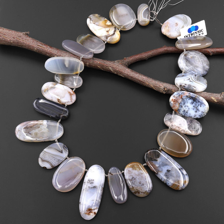AAA Natural Montana Agate Freeform Long Oval Focal Pendant Beads Top Side Drilled 15.5" Strand