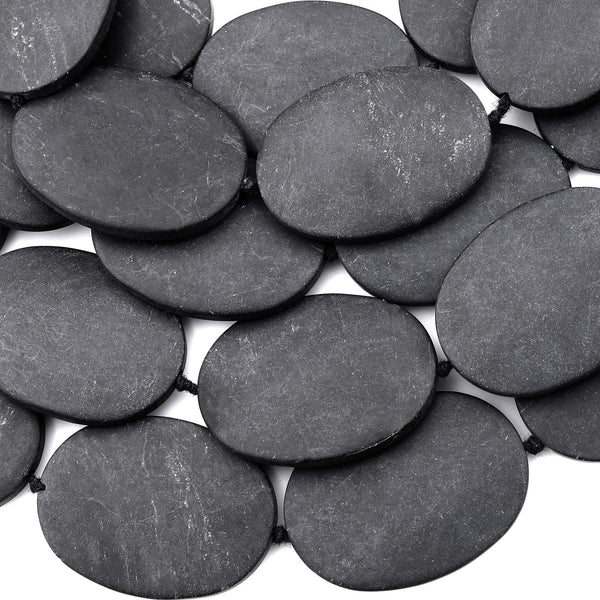 Large Hand Cut Matte Natural Brazilian Black Stone Oval Beads Gemstone 15.5" Strand