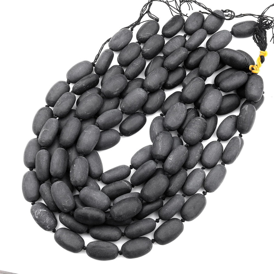 Large Hand Cut Matte Natural Brazilian Black Stone Oval Egg Nugget Beads Gemstone 15.5" Strand