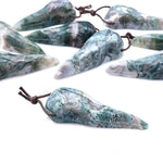Hand Carved Natural Green Moss Agate Raven Skull Pendant Representing Wisdom Rebirth Magic