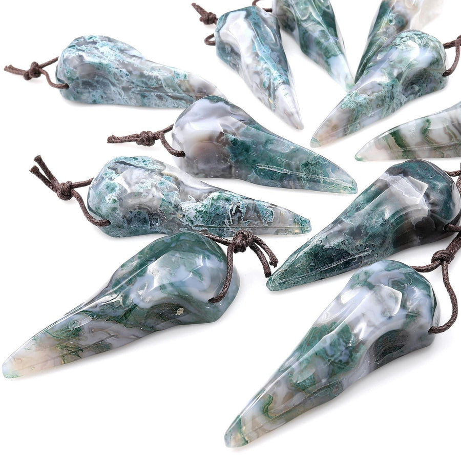 Hand Carved Natural Green Moss Agate Raven Skull Pendant Representing Wisdom Rebirth Magic