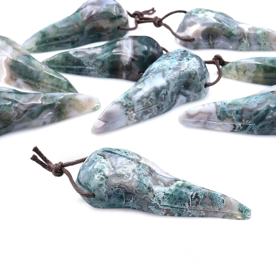 Hand Carved Natural Green Moss Agate Raven Skull Pendant Representing Wisdom Rebirth Magic A3