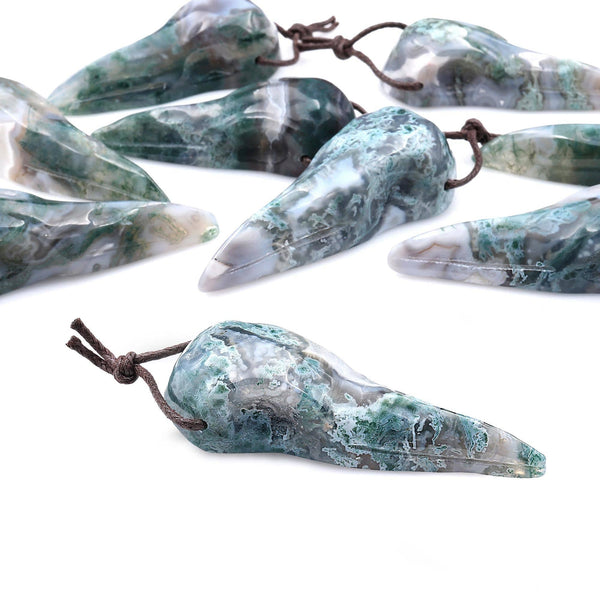 Hand Carved Natural Green Moss Agate Raven Skull Pendant Representing Wisdom Rebirth Magic A3