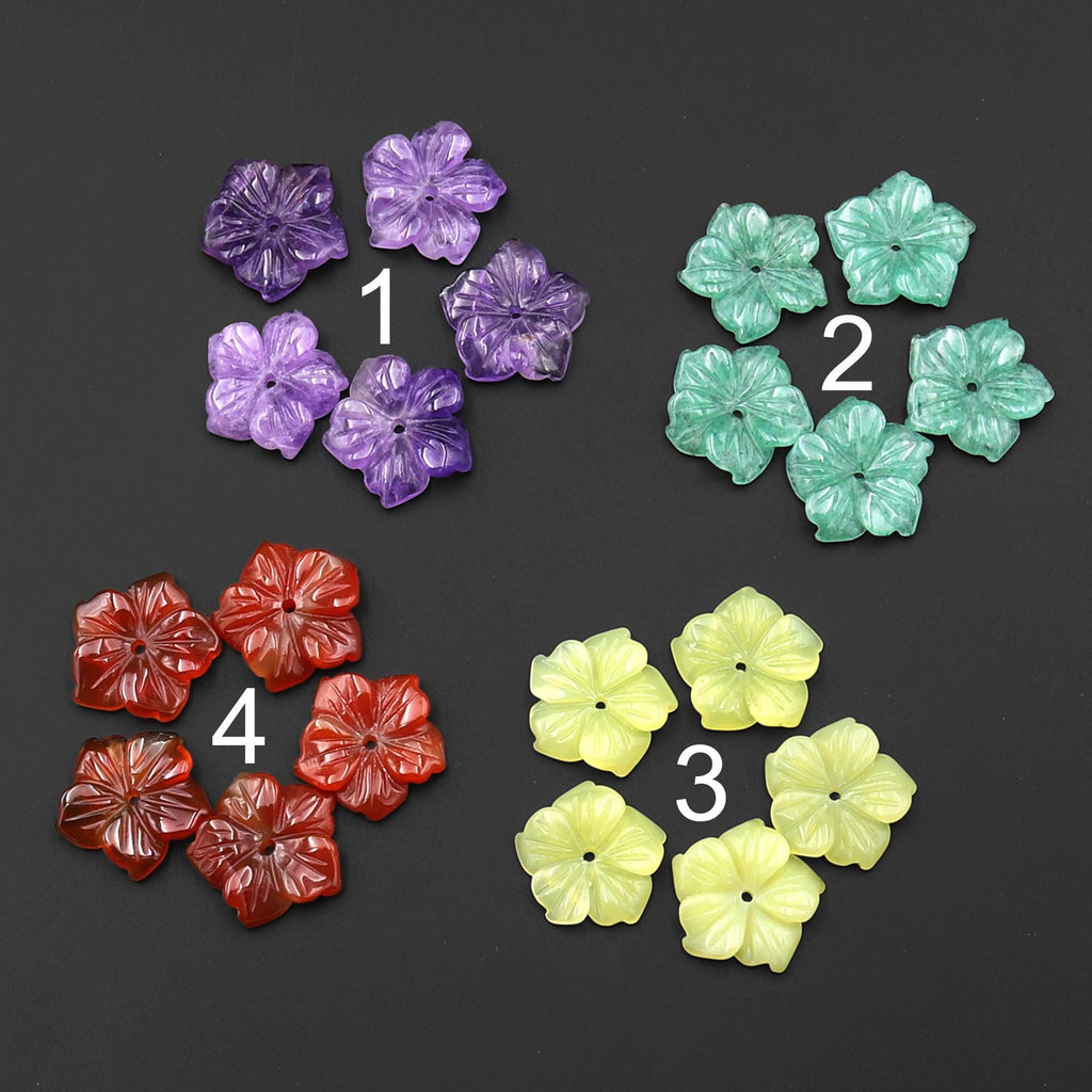 Hand Carved Center Drilled Natural Gemstone Flower Beads 14mm Choose from Amethyst Aventurine Chartreuse Jade Carnelian