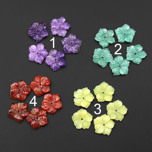 Hand Carved Center Drilled Natural Gemstone Flower Beads 14mm Choose from Amethyst Aventurine Chartreuse Jade Carnelian