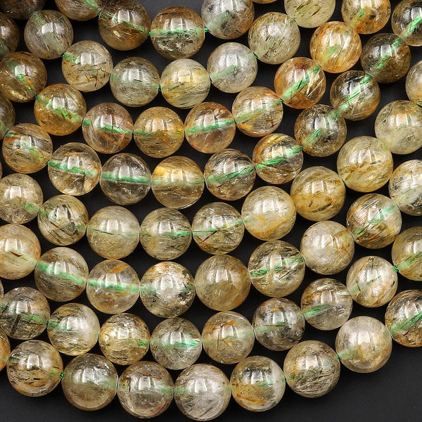 Rare Natural Golden Green Tourmaline Rutilated Quartz 8mm 10mm Round Beads 15.5" Strand