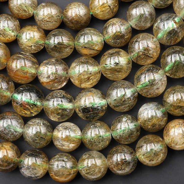 Rare Natural Golden Green Tourmaline Rutilated Quartz 8mm 10mm 11mm 12mm Round Beads 15.5" Strand