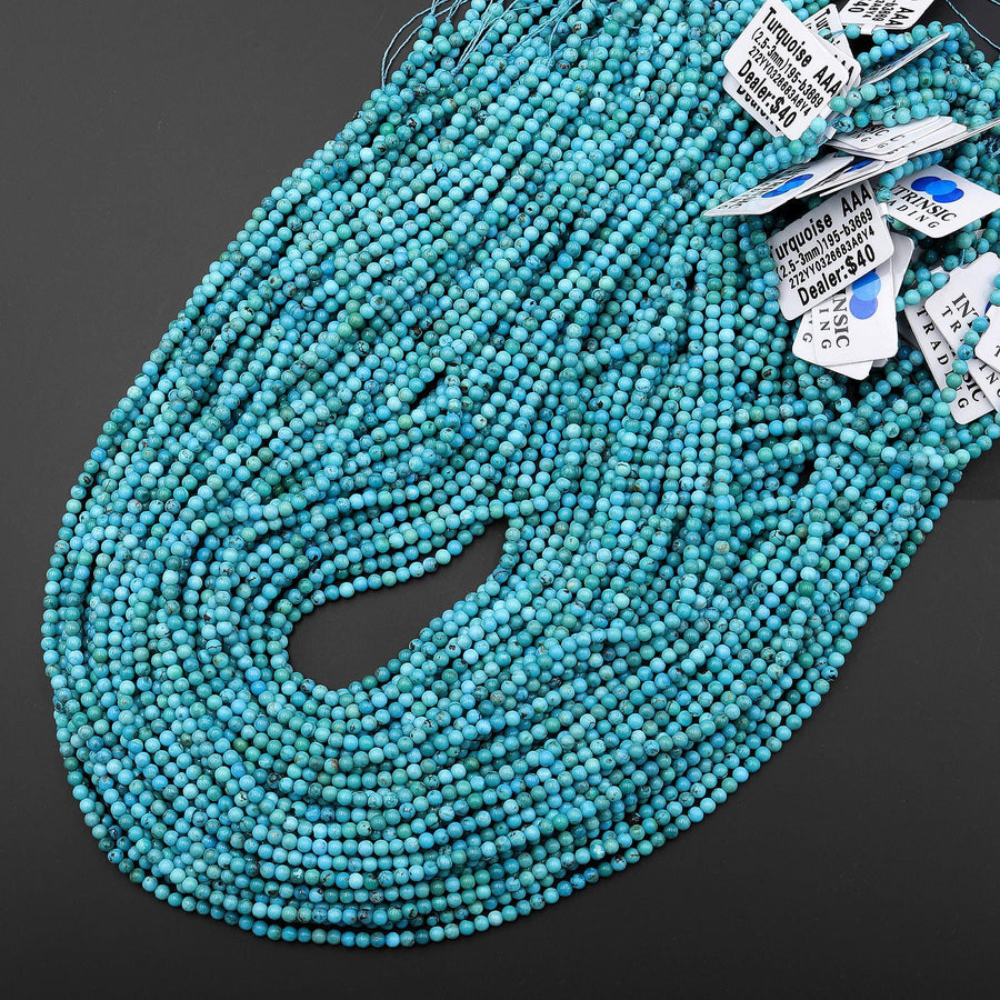 Genuine Natural Blue Turquoise Smooth 2mm 3mm Round Gemstone Beads 15.5" Strand
