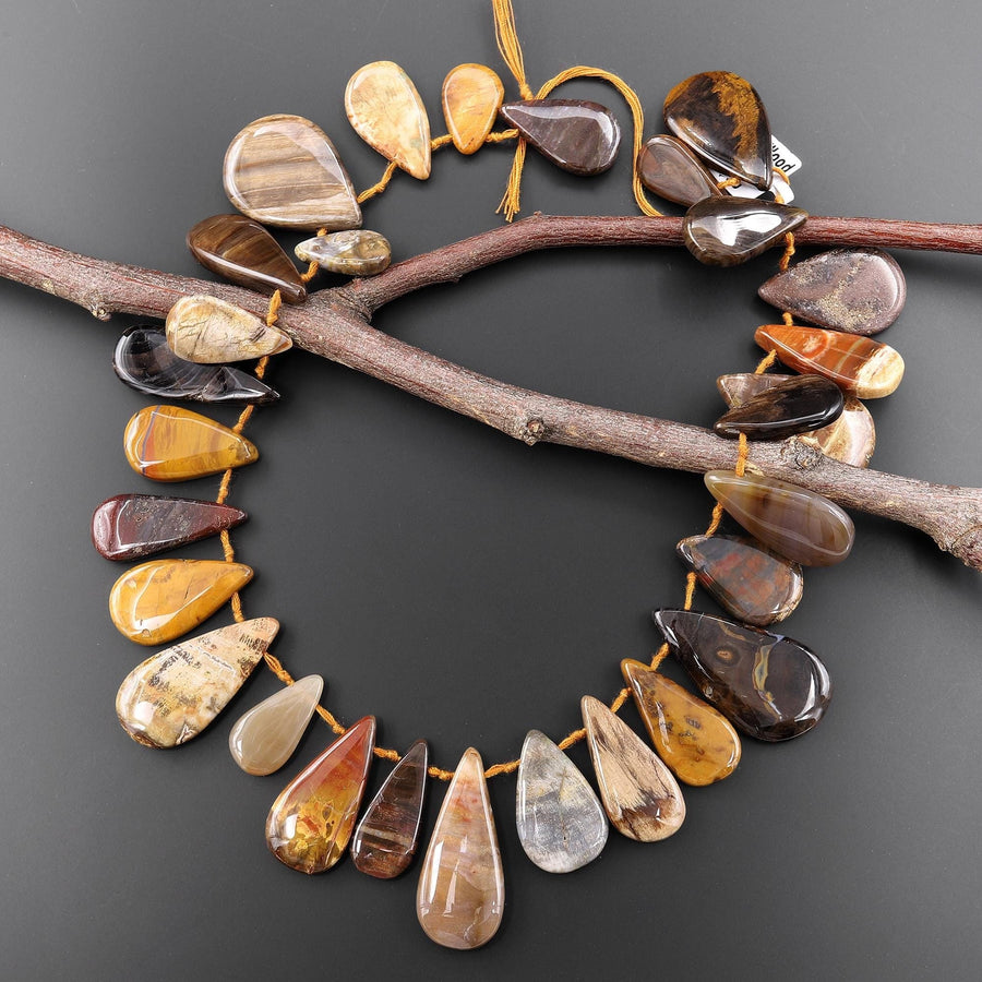 AAA Natural Petrified Wood Smooth Side Drilled Teardrop Beads 15.5" Strand