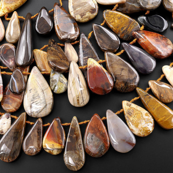 AAA Natural Petrified Wood Smooth Side Drilled Teardrop Beads 15.5" Strand