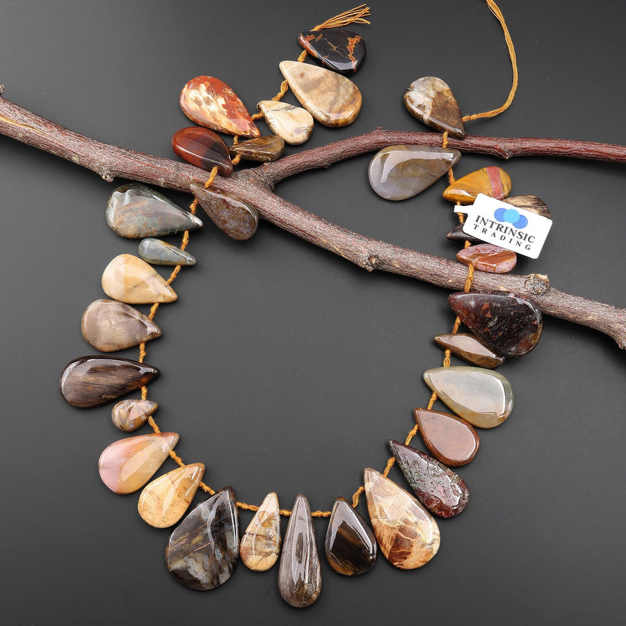 AAA Natural Petrified Wood Smooth Side Drilled Teardrop Beads 15.5" Strand