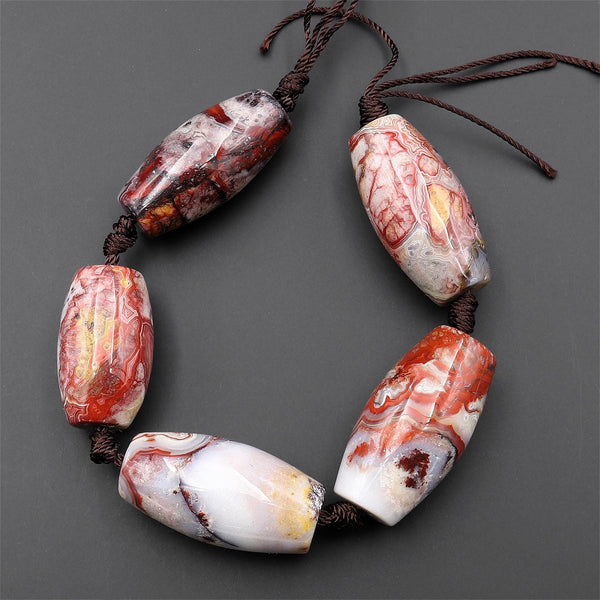 Large Natural Laguna Lace Agate Thick Barrel Cylinder Beads 7.5" Strand