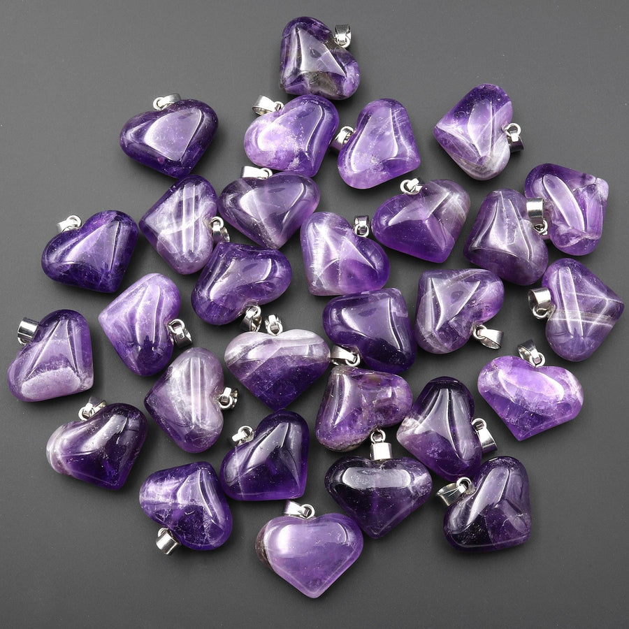 Natural Purple Amethyst Gemstone Puffy Heart Pendant Ready to Wear