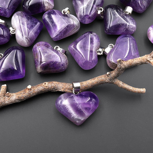 Natural Purple Amethyst Gemstone Puffy Heart Pendant Ready to Wear