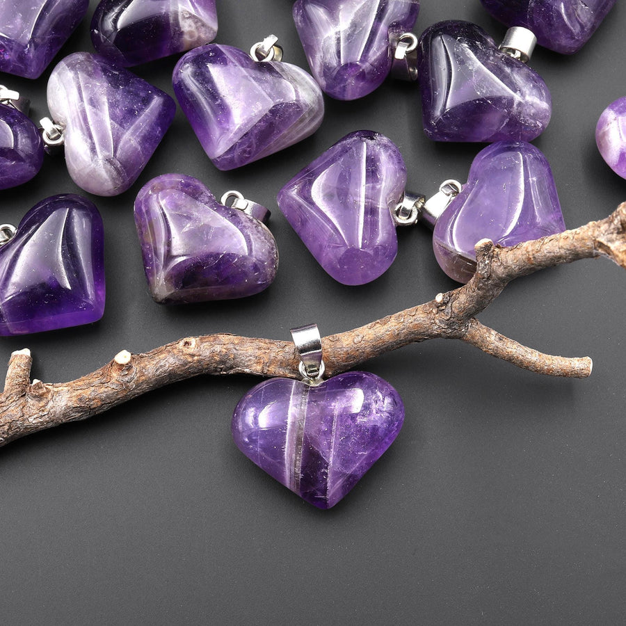 Natural Purple Amethyst Gemstone Puffy Heart Pendant Ready to Wear A1