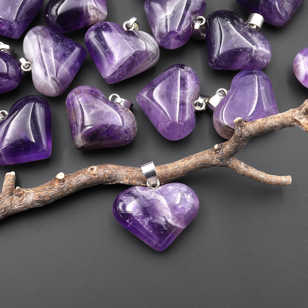 Natural Purple Amethyst Gemstone Puffy Heart Pendant Ready to Wear A3