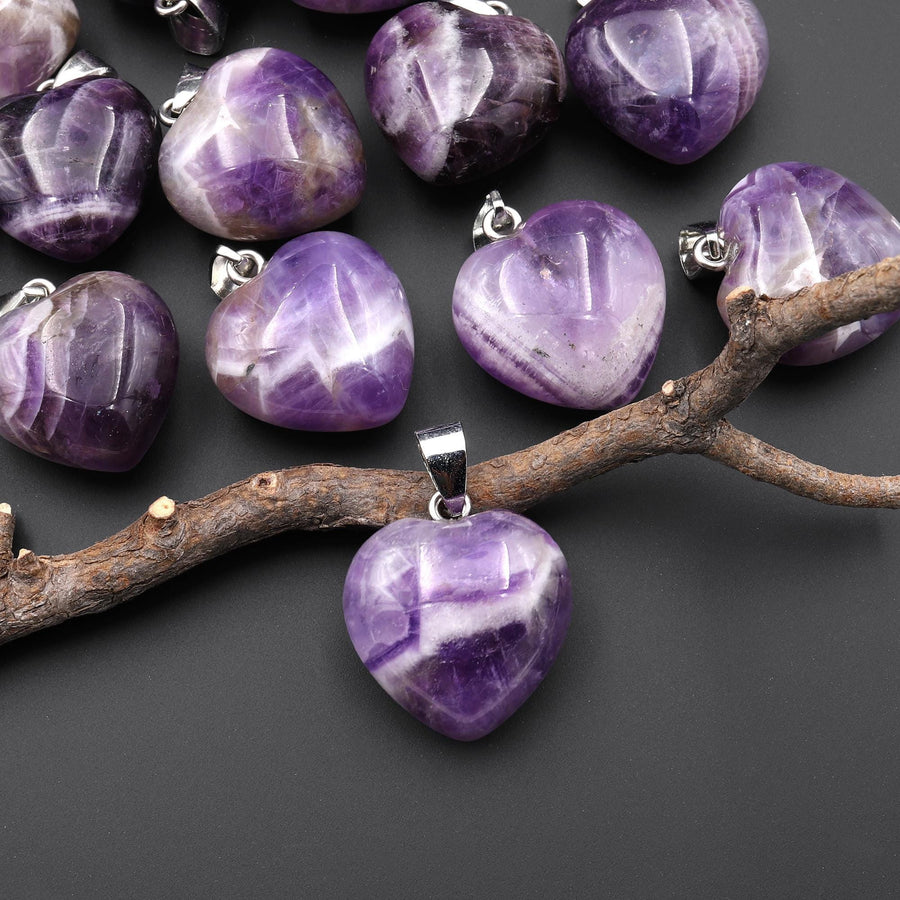 Natural Purple Chevron Amethyst Gemstone Puffy Heart Pendant