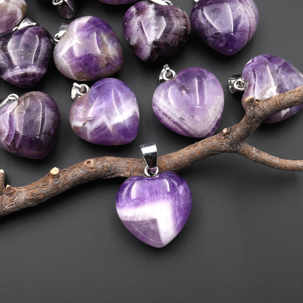 Natural Purple Chevron Amethyst Gemstone Puffy Heart Pendant A1