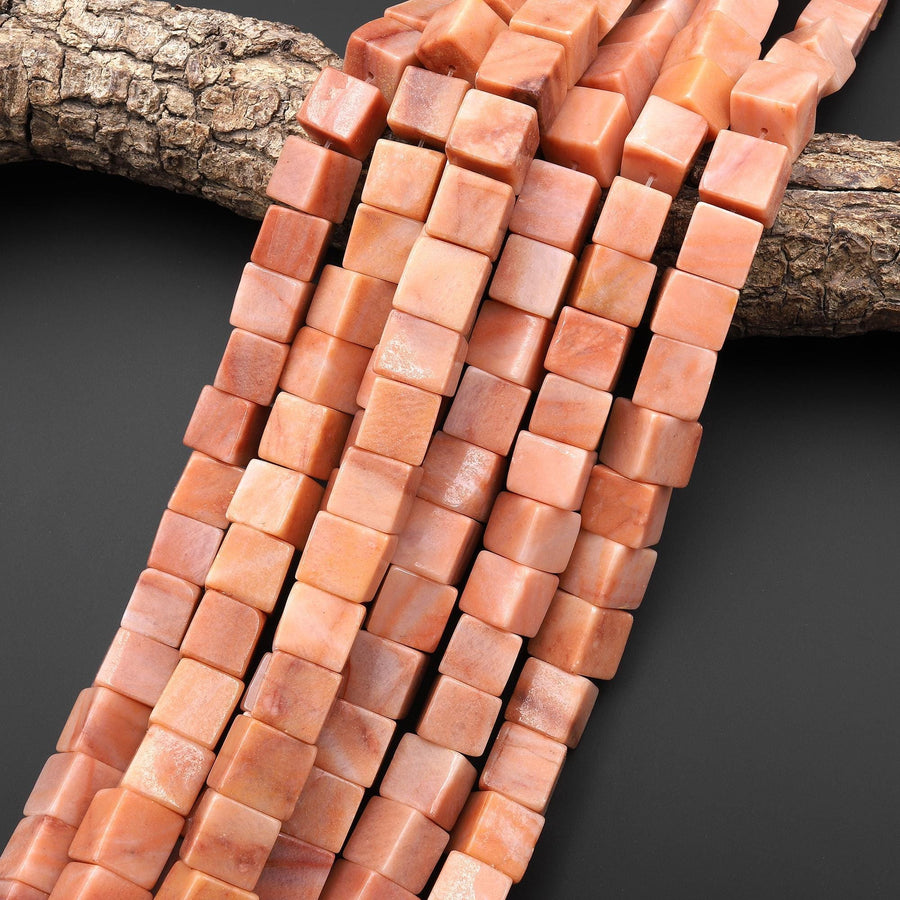 Natural Peach Marble Jasper Smooth Cube Dice 12mm Beads 15.5" Strand