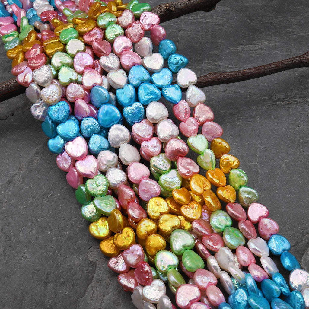 Real Genuine Freshwater Pearl 10mm Heart Shaped Beads White Blue Pink Gold Green 15.5" Strand