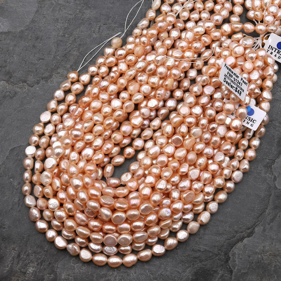 AAA Genuine Natural Peach Freshwater Pearl 8mm Vertically Drilled Nugget Beads 14" Strand