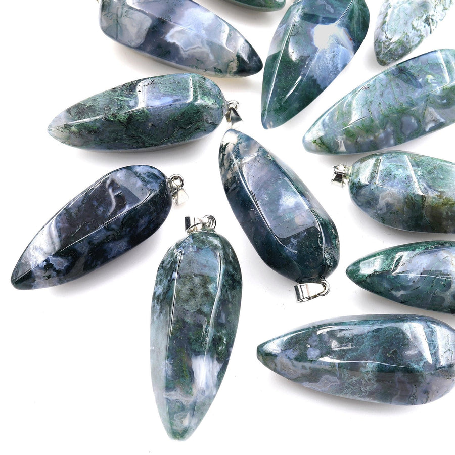 Natural Green Moss Agate Pendant Teardrop Crystal Pendulum Bead