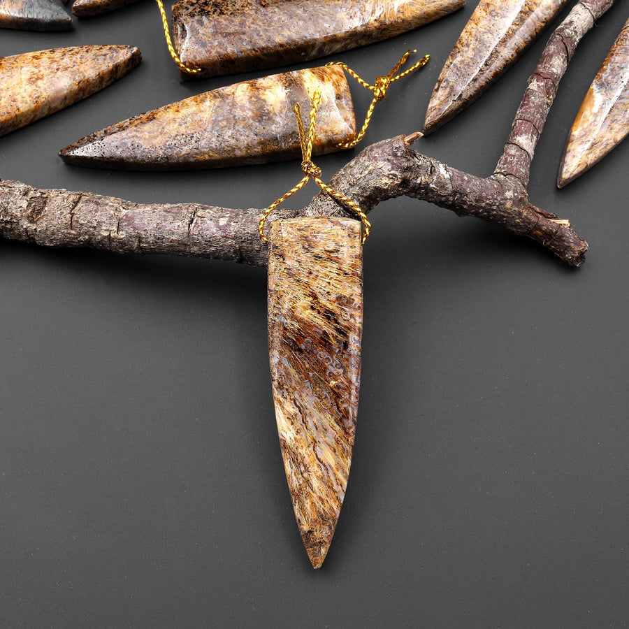 Rare Natural Brown Turkish Needle Agate Side Drilled Triangle Dagger Pendant