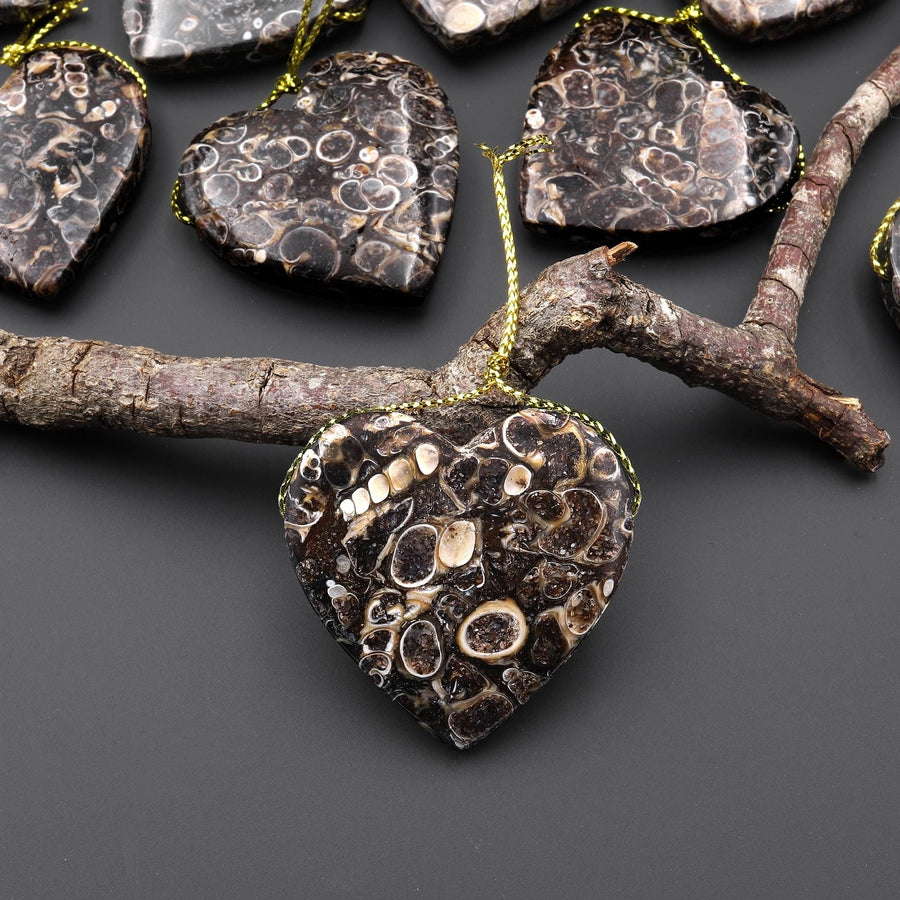 Natural Turritella Agate Fossil Side Drilled Heart Pendant from Wyoming USA
