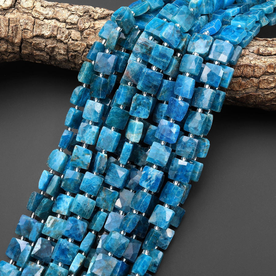 AAA Faceted Natural Blue Apatite Cushion Square Beads 10mm Gemstone 15.5" Strand