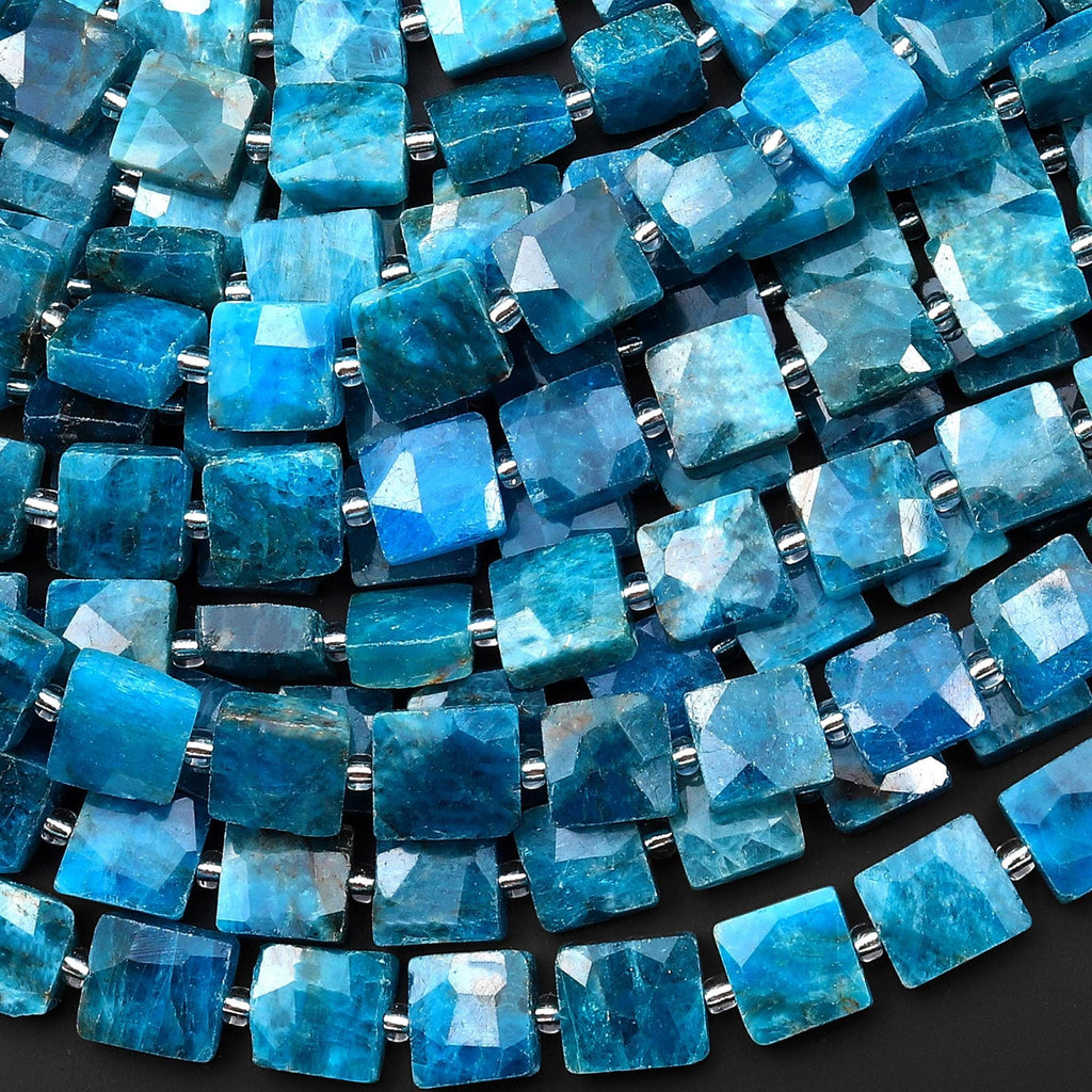 AAA Faceted Natural Blue Apatite Cushion Square Beads 10mm Gemstone 15.5" Strand