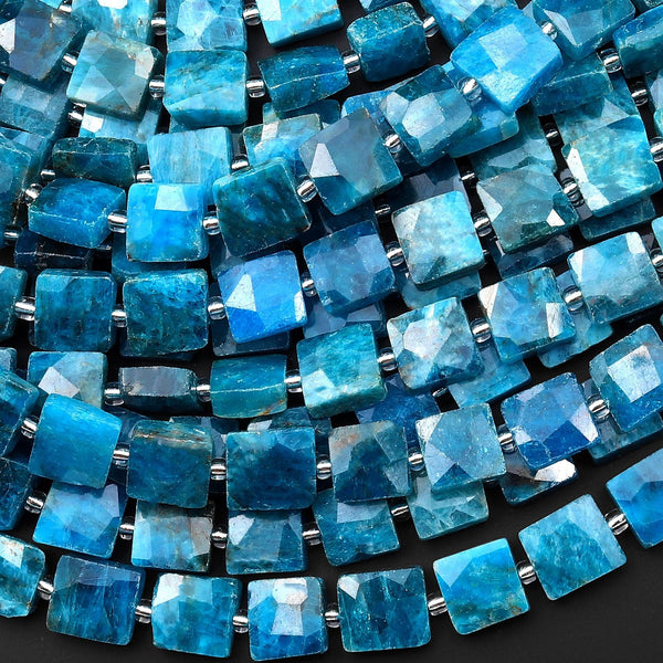 AAA Faceted Natural Blue Apatite Cushion Square Beads 10mm Gemstone 15.5" Strand