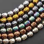 Titanium Hematite Carved Buddha Head Beads 10mm Shiny Metallic Bronze Gold Gunmetal Black Silver Rainbow Champagne Colors  8" Strand