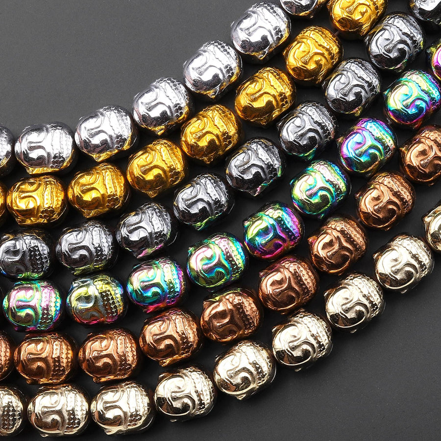 Titanium Hematite Carved Buddha Head Beads 10mm Shiny Metallic Bronze Gold Gunmetal Black Silver Rainbow Champagne Colors  8" Strand