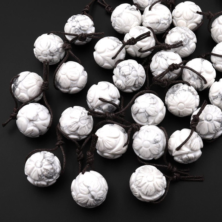 AAA Hand Carved Natural White Howlite Cherry Blossom Flower 3-D 18mm Round Bead
