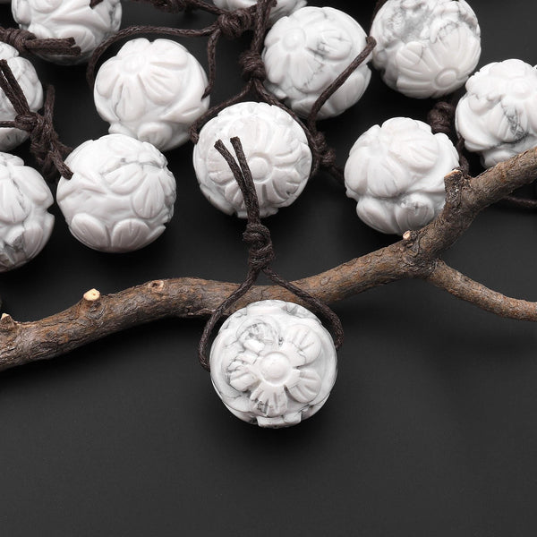 AAA Hand Carved Natural White Howlite Cherry Blossom Flower 3-D 18mm Round Bead