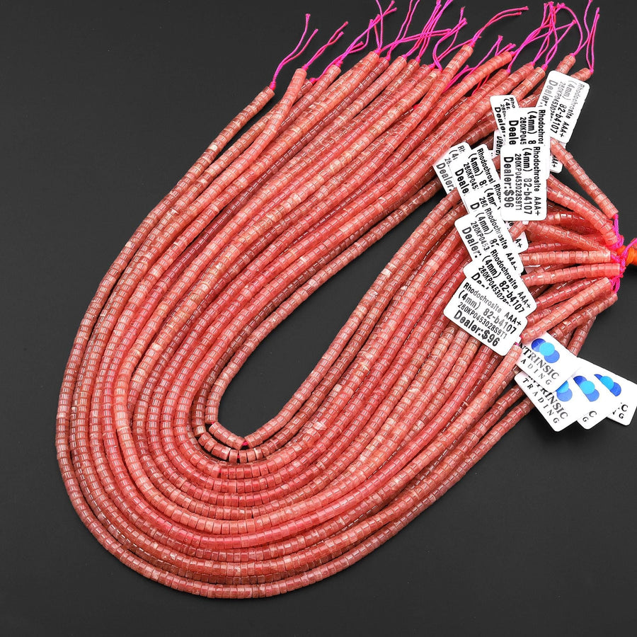 AAA+ Natural Red Pink Rhodochrosite Smooth Heishi 4mm Beads Gemstone 15.5" Strand
