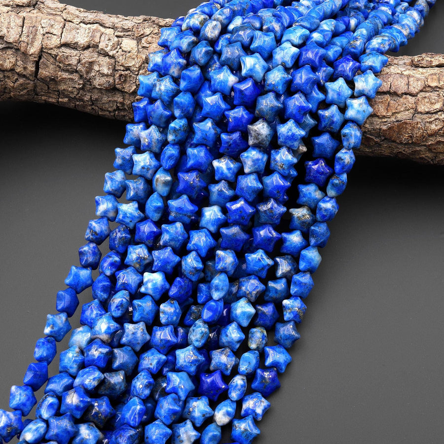 Natural Blue Denim Lapis w/ Pyrite Beads 10mm Puffy Star Gemstone 15.5" Strand
