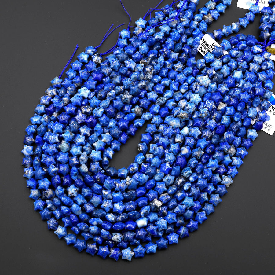 Natural Blue Denim Lapis w/ Pyrite Beads 10mm Puffy Star Gemstone 15.5" Strand