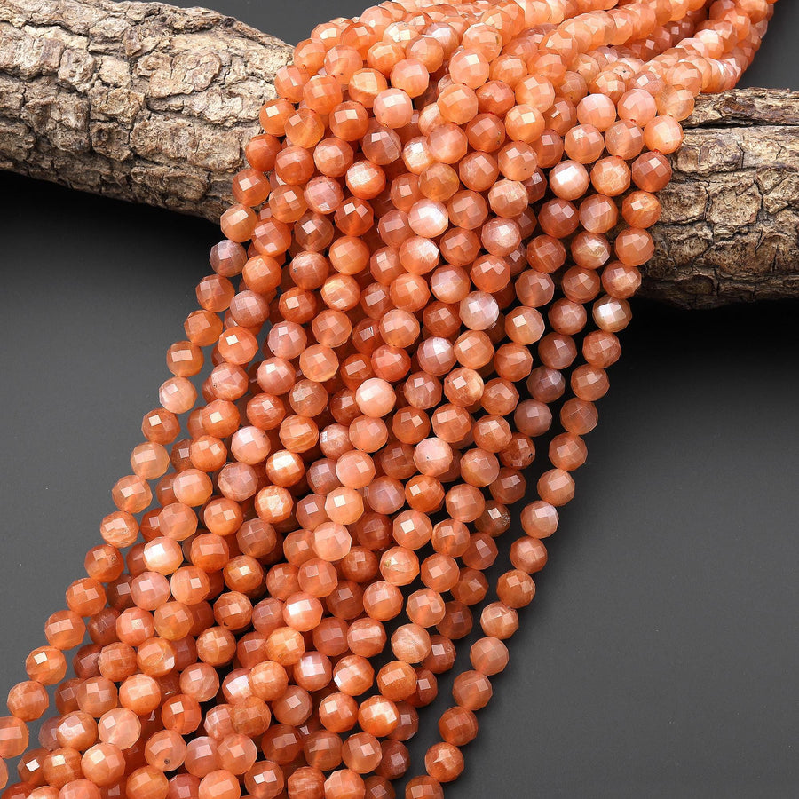 AAA Faceted Natural Peach Moonstone Round Beads 6mm 15.5" Strand