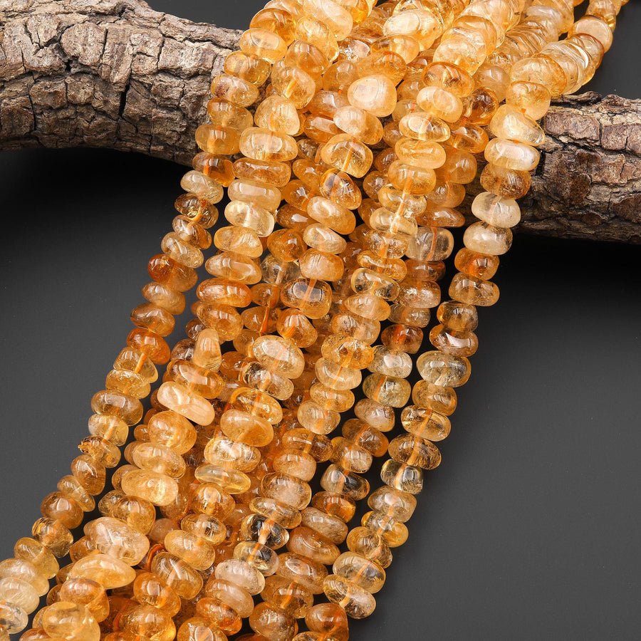 Large Natural Golden Yellow Citrine Freeform Thick Rondelle 12mm Beads 15.5" Strand