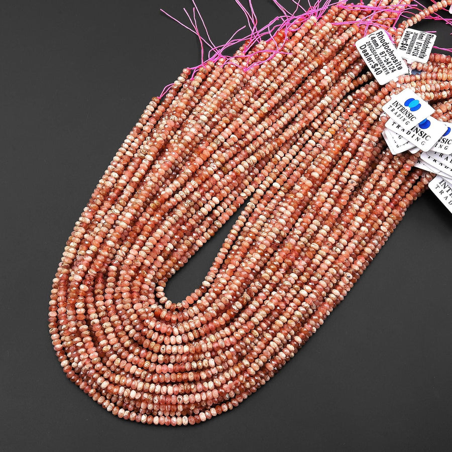 Faceted Natural Rhodochrosite 4mm Thin Rondelle Gemstone Beads 15.5" Strand