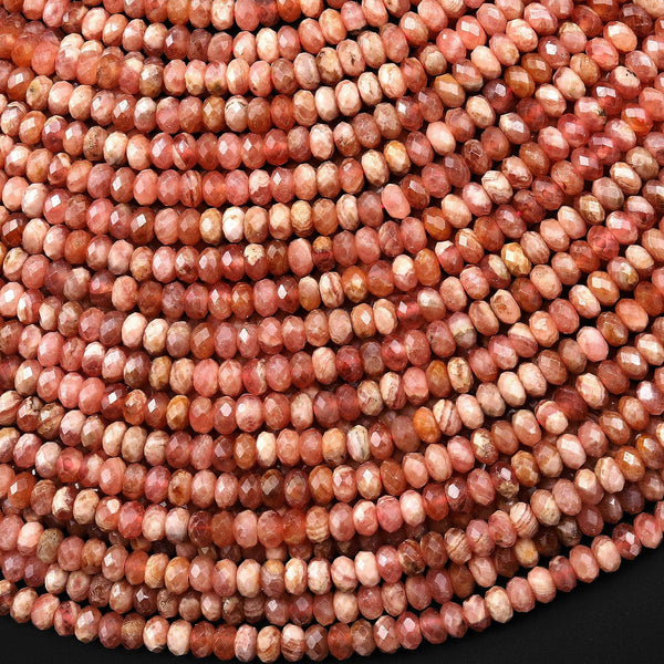 Faceted Natural Rhodochrosite 4mm Thin Rondelle Gemstone Beads 15.5" Strand