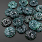 Hand Carved Natural Dark Blue Green Guatemalan Jade Flower Center Drilled 28mm Donut Gemstone Pendant
